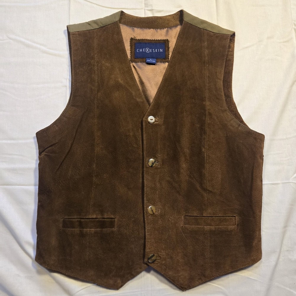 CHERESKIN Leather Vest Mens Large Brown Suede Front Olive Twill Back Western